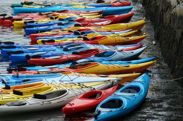 varias embarcaciones de kayaks amarradas en la orilla